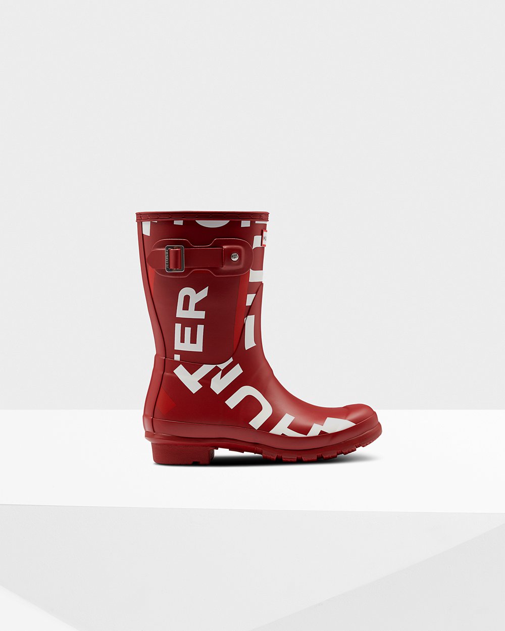 Bottes Basses En Caoutchouc Hunter Femme - Bottes Mi-Hauts Hunter Original Exploded Logo Grise Rouge