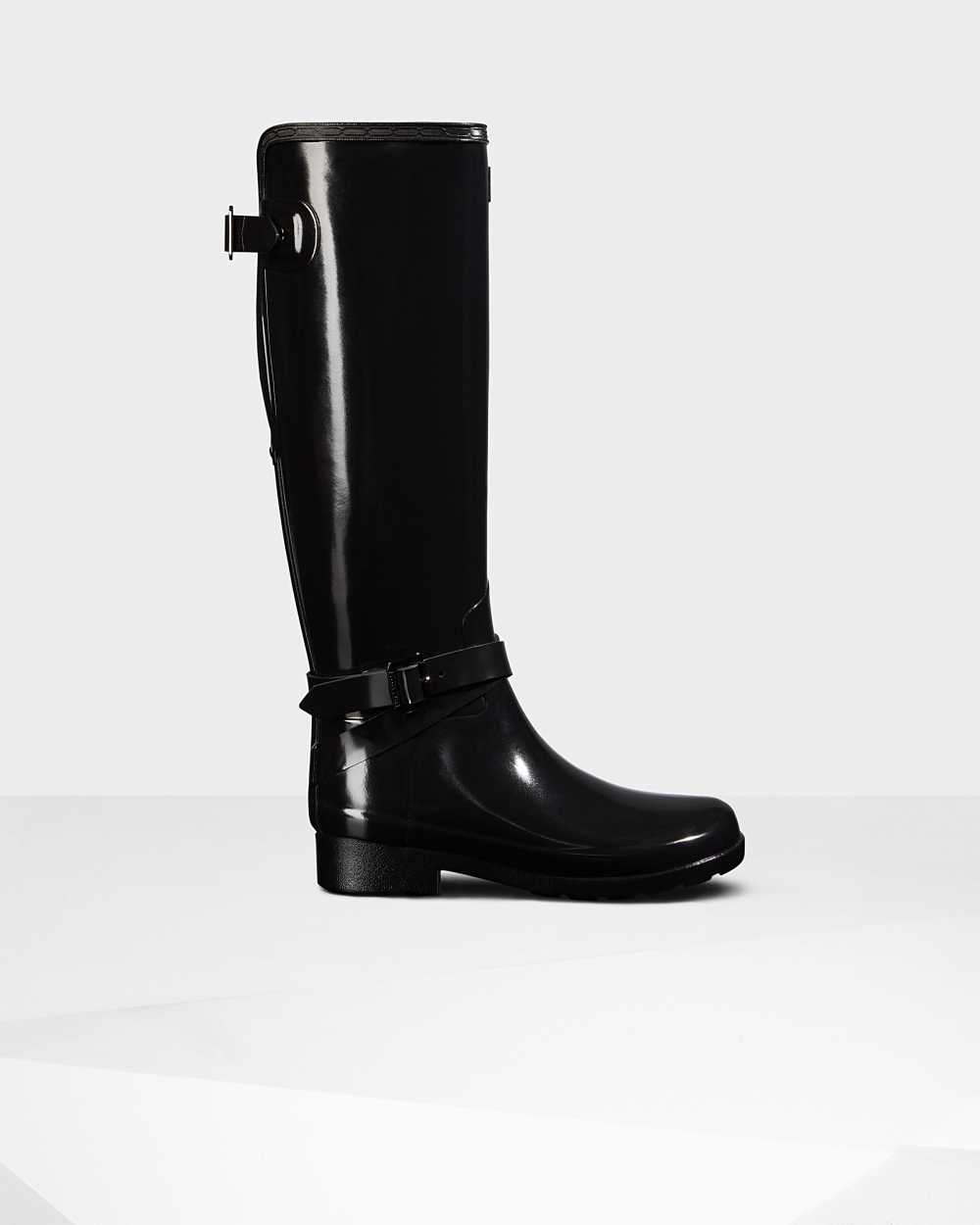 Bottes Ajustables Hunter Femme - Bottes Hautes En Caoutchouc Hunter Refined Gloss Noir | AETM-07983